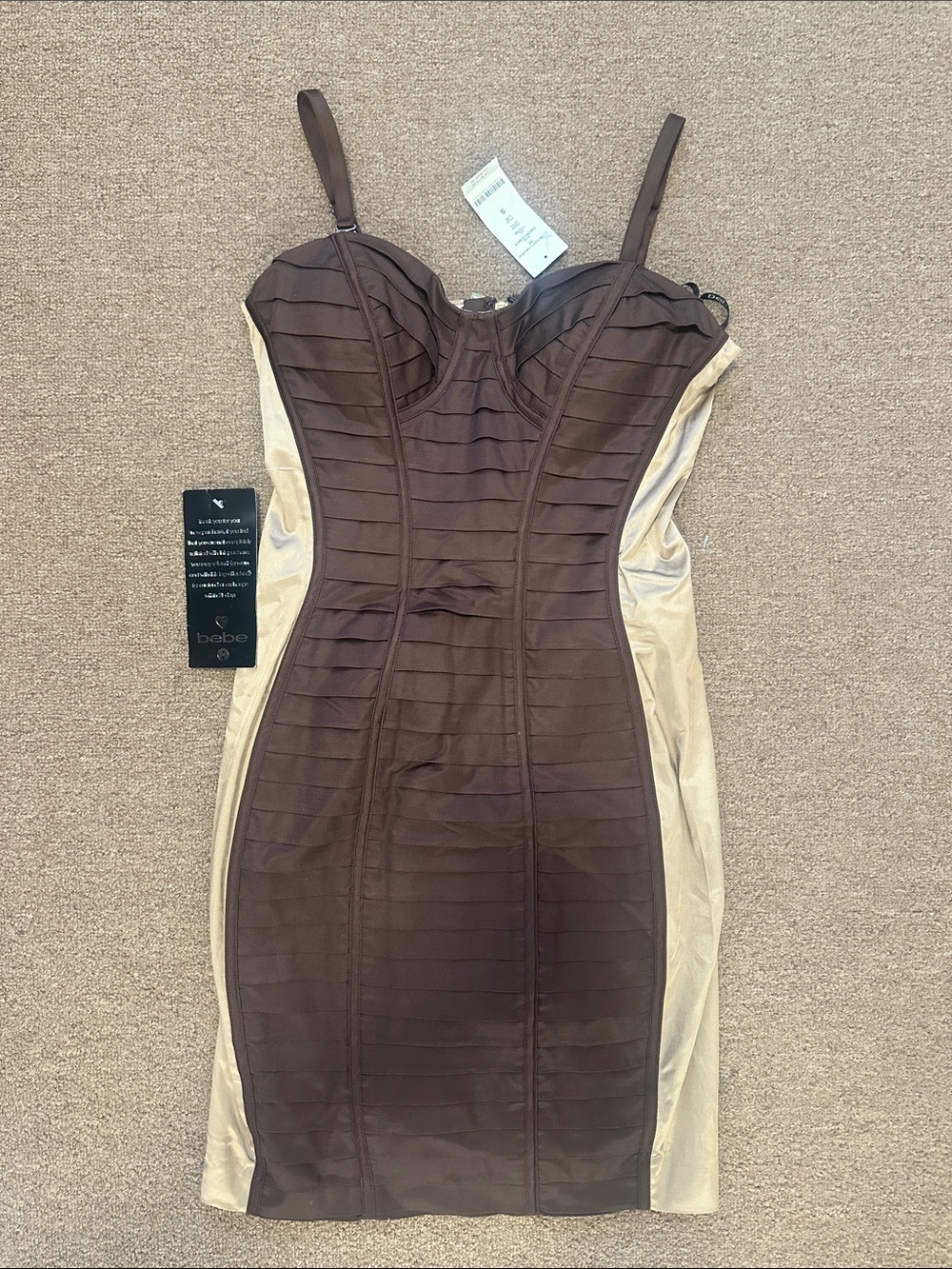 bebe Brown & Cream Sculpted Bandage Mini Dress size S new